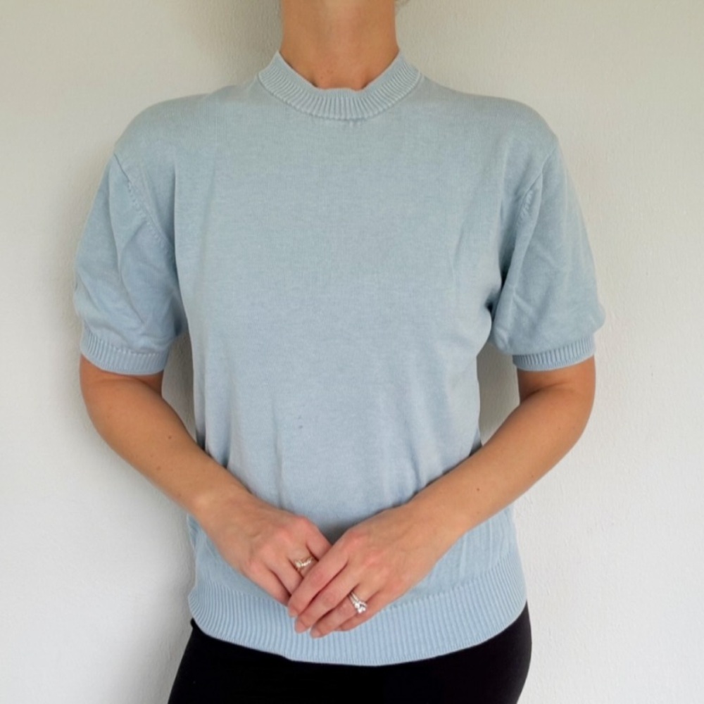 Vintage Manny’s Naples blue silk blend mock neck short sleeve sweater medium